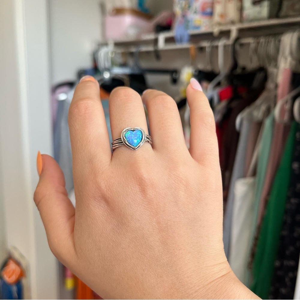 Made In Israel 925 Sterling Silver Blue Opal Heart Ring Size 7